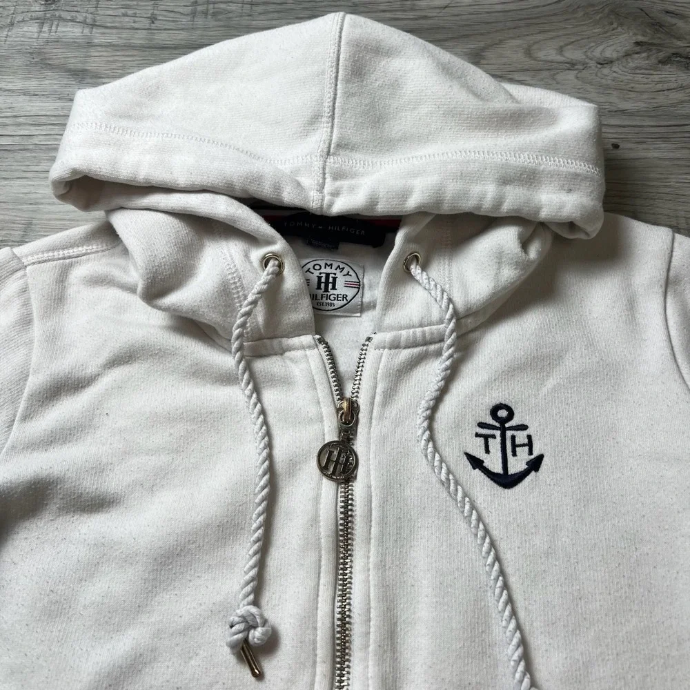 Tommy Hilfiger Zip Up Hoodie‎ Womens XS White Anchor Nautical Logo Sweatshirt